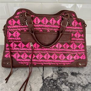 Rebecca Minkoff Desire Neon Pink & Chocolate Brown Woven Satchel Handbag Purse